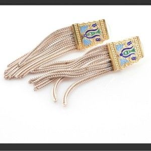 Art Nouveau dangle fringe gold gilt enamel painted sterling silver earrings